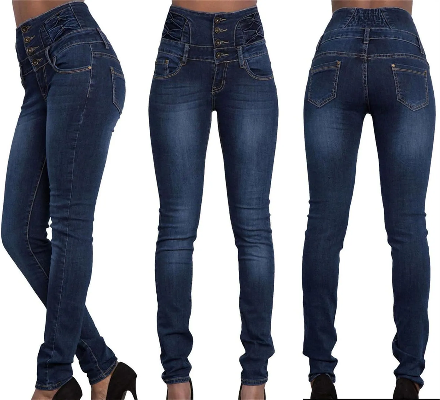 Andongnywell Skinny Jeans Women Stretchy Butt Lifting Slim Fit Denim Pants High Rise Multiple Buttons Jegging Jeans Trouser