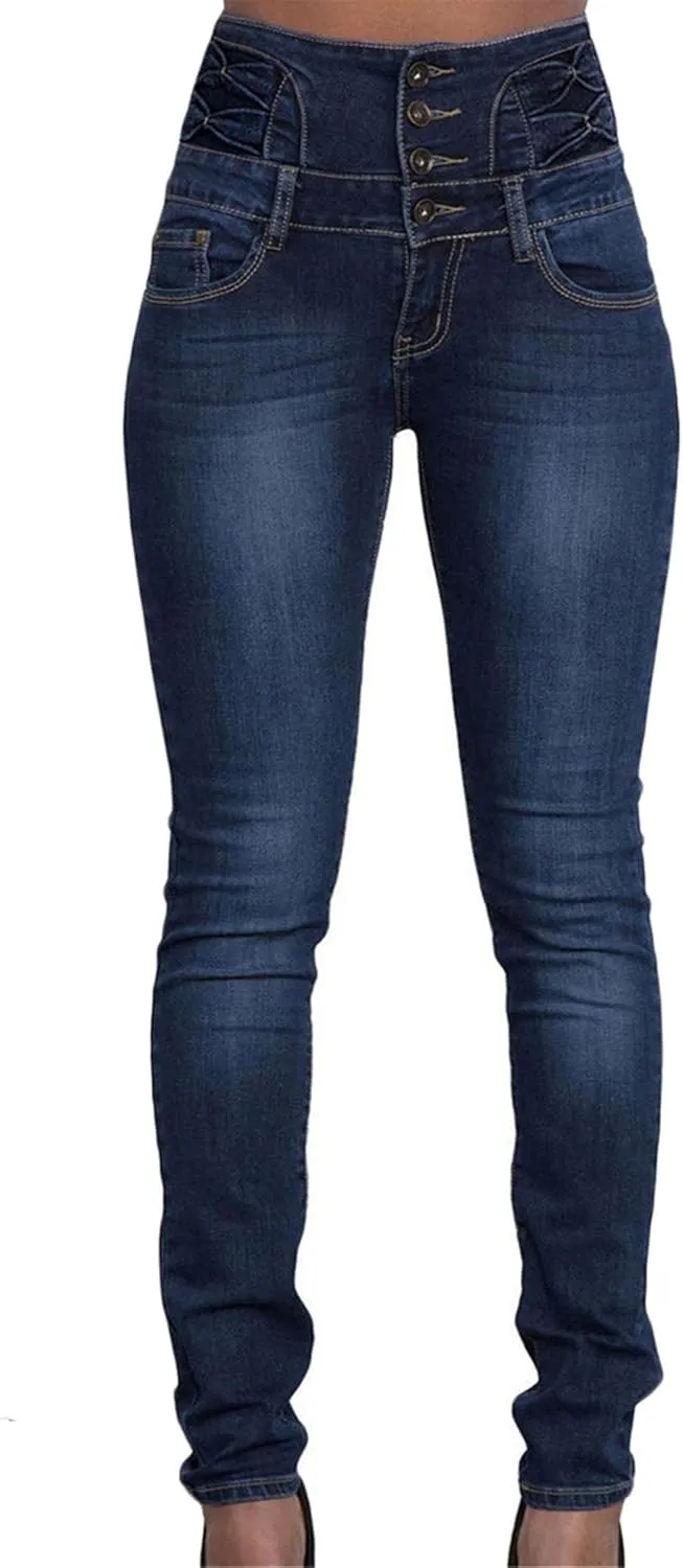 Andongnywell Skinny Jeans Women Stretchy Butt Lifting Slim Fit Denim Pants High Rise Multiple Buttons Jegging Jeans Trouser