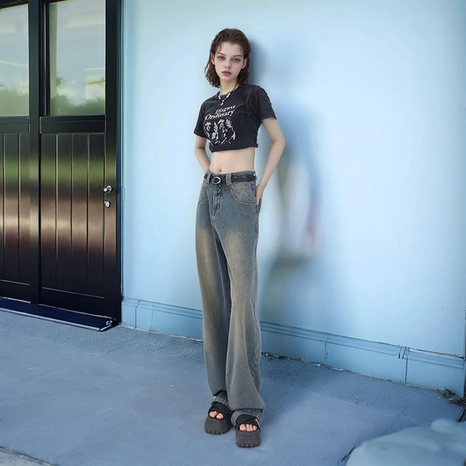 Baggy Jeans for Women Casual Loose Solid Button High Waisted Trendy Stretchy Wide Leg Denim Pants with Pockets