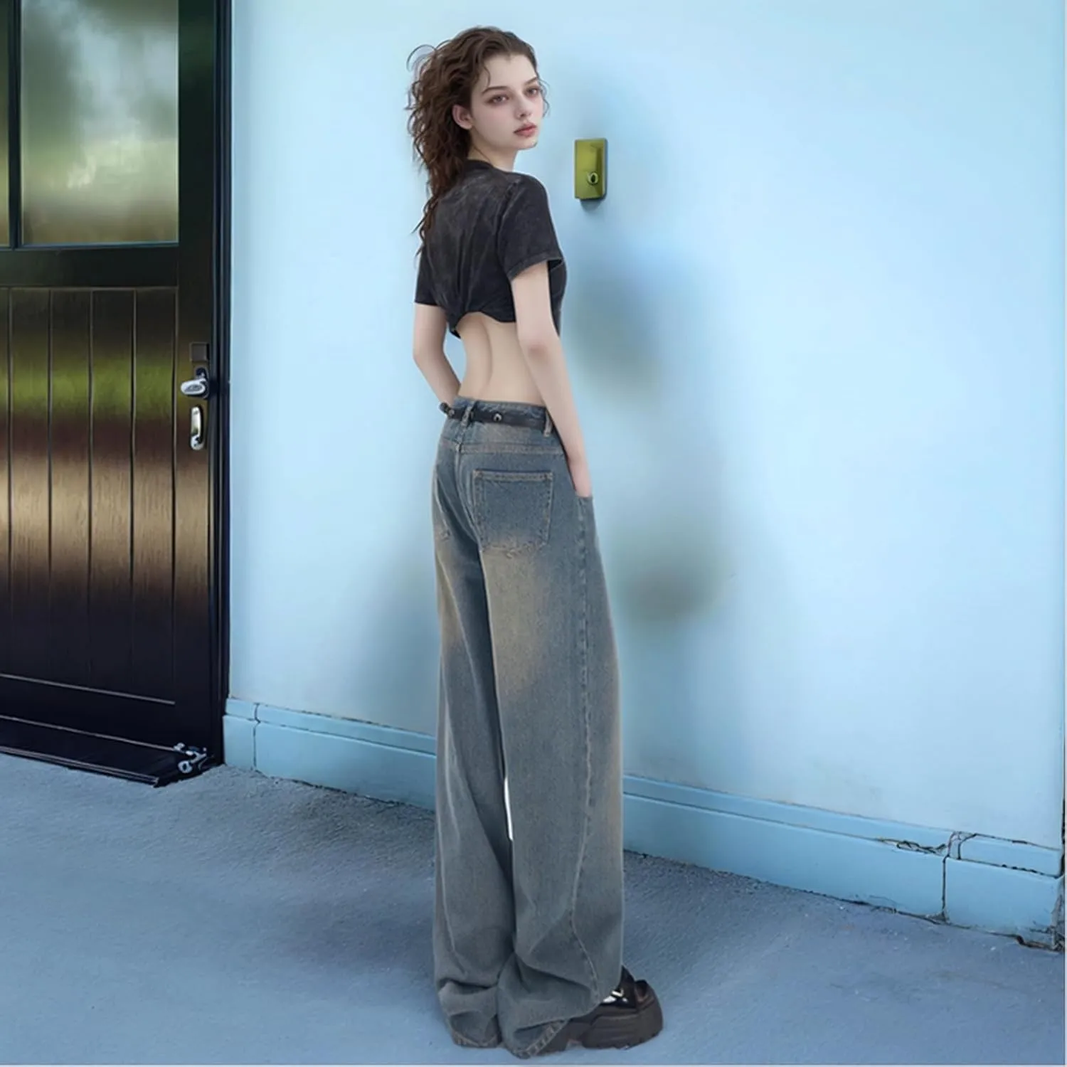 Baggy Jeans for Women Casual Loose Solid Button High Waisted Trendy Stretchy Wide Leg Denim Pants with Pockets