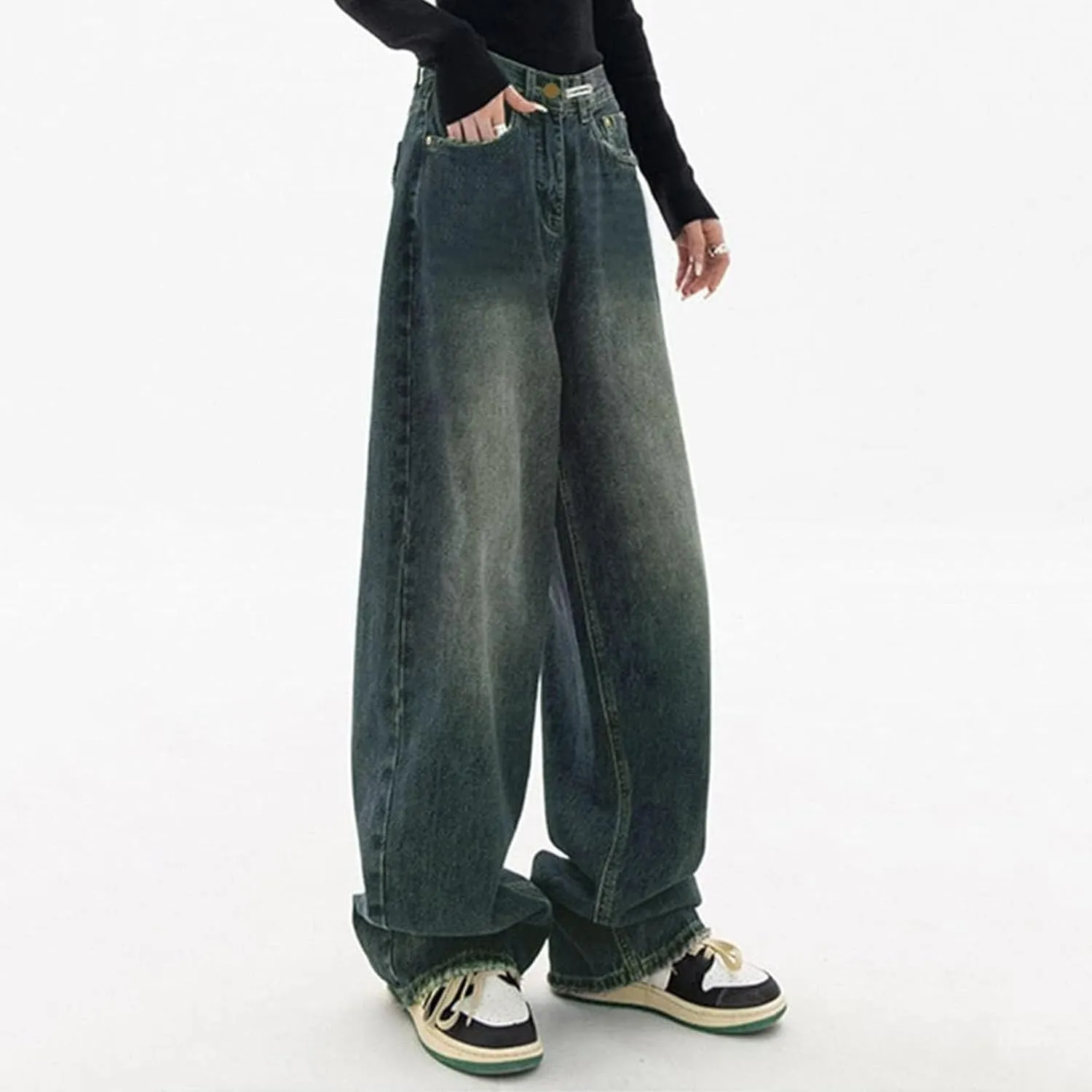 Baggy Jeans for Women Casual Loose Solid Button High Waisted Trendy Stretchy Wide Leg Denim Pants with Pockets