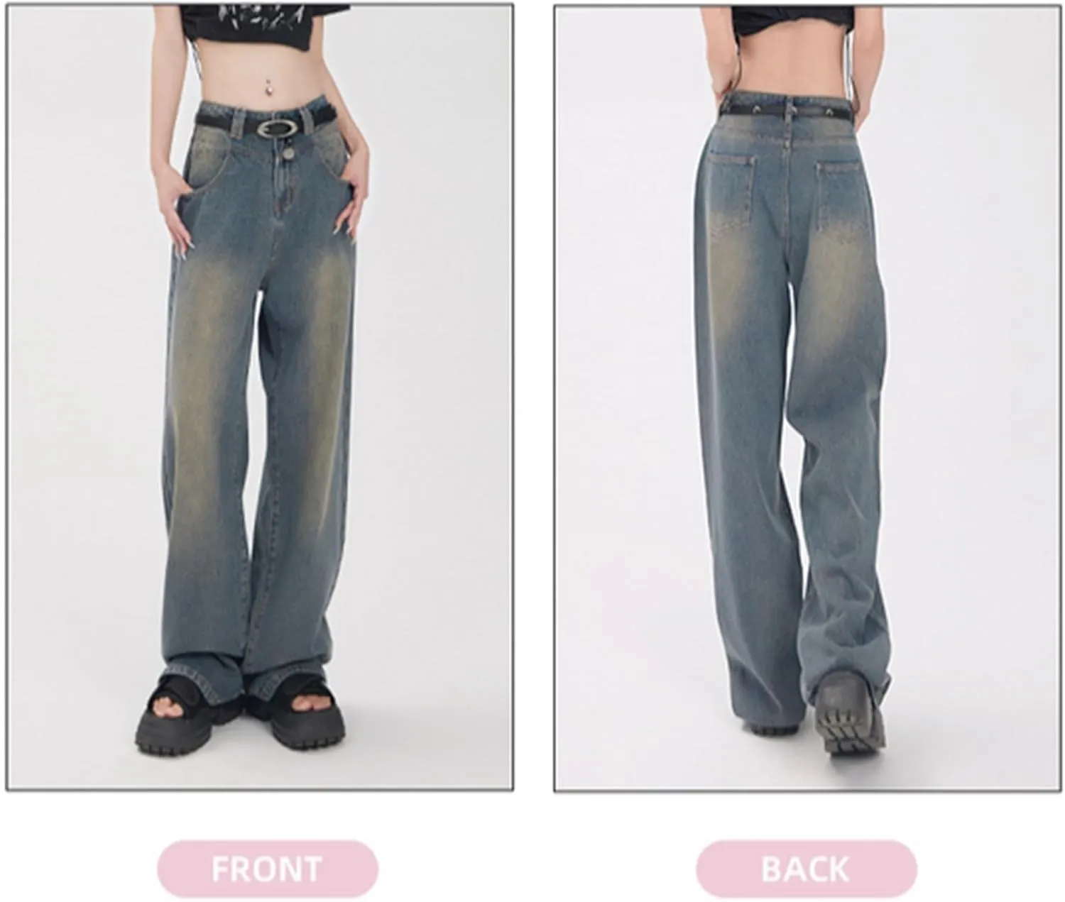 Baggy Jeans for Women Casual Loose Solid Button High Waisted Trendy Stretchy Wide Leg Denim Pants with Pockets