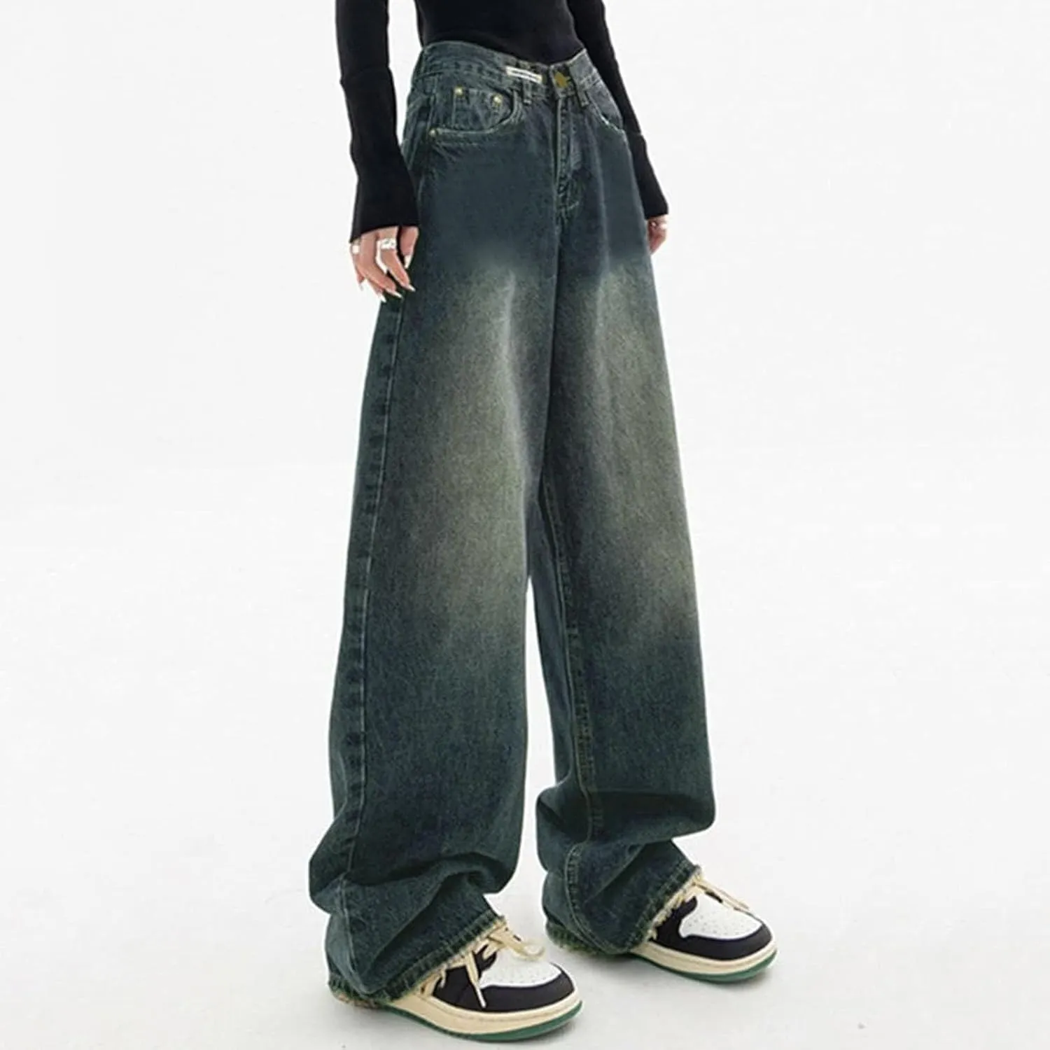 Baggy Jeans for Women Casual Loose Solid Button High Waisted Trendy Stretchy Wide Leg Denim Pants with Pockets