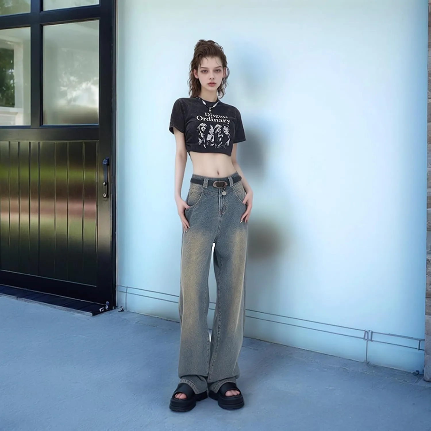Baggy Jeans for Women Casual Loose Solid Button High Waisted Trendy Stretchy Wide Leg Denim Pants with Pockets