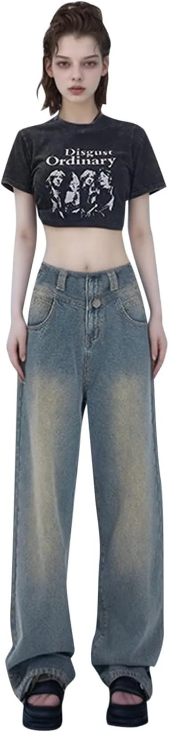 Baggy Jeans for Women Casual Loose Solid Button High Waisted Trendy Stretchy Wide Leg Denim Pants with Pockets