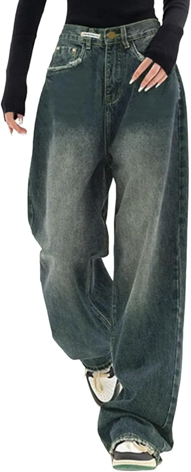 Baggy Jeans for Women Casual Loose Solid Button High Waisted Trendy Stretchy Wide Leg Denim Pants with Pockets