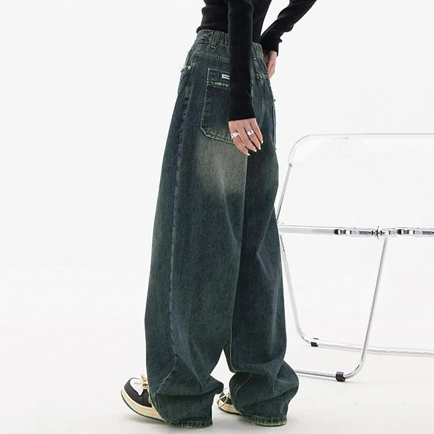 Baggy Jeans for Women Casual Loose Solid Button High Waisted Trendy Stretchy Wide Leg Denim Pants with Pockets