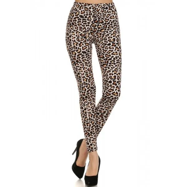 Brown Cheetah Animal Print Lined Leggings Pants w/ Elastic Waist