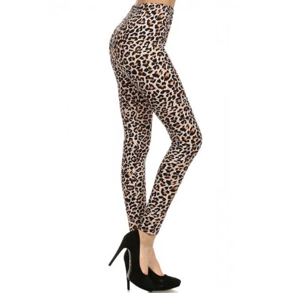 Brown Cheetah Animal Print Lined Leggings Pants w/ Elastic Waist