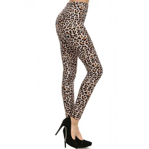 Brown Cheetah Animal Print Lined Leggings Pants w/ Elastic Waist