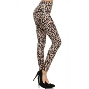 Brown Cheetah Animal Print Lined Leggings Pants w/ Elastic Waist
