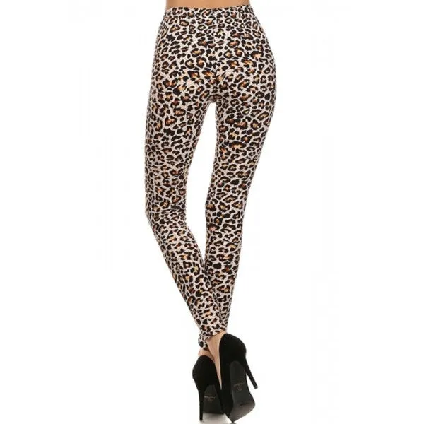 Brown Cheetah Animal Print Lined Leggings Pants w/ Elastic Waist