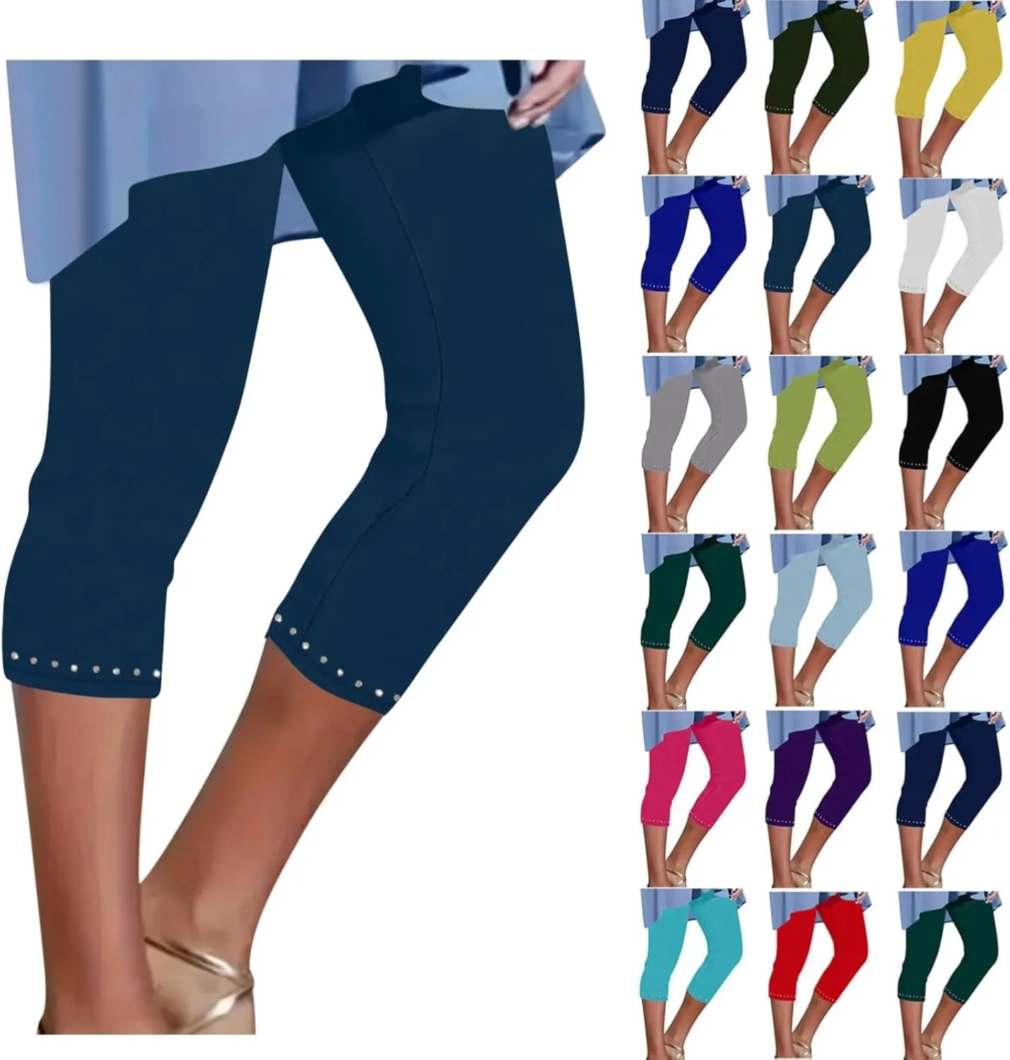 Capri Leggings for Women Summer Rhinestone Dressy Cropped High Waist Yoga Pants Workout Pants Compression Leggings