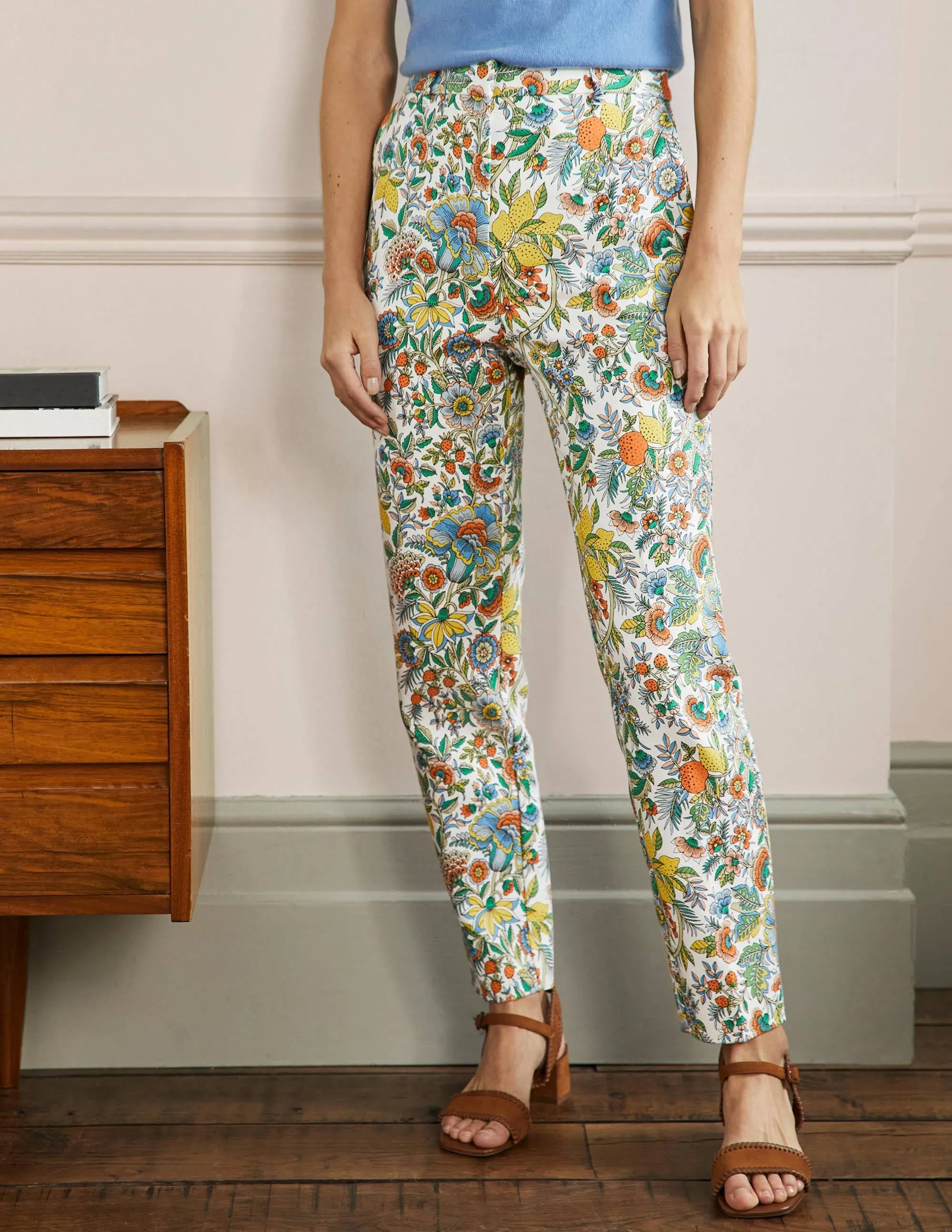 Carrie Printed Trousers-Ivory/Lemon, Tropic Meadow