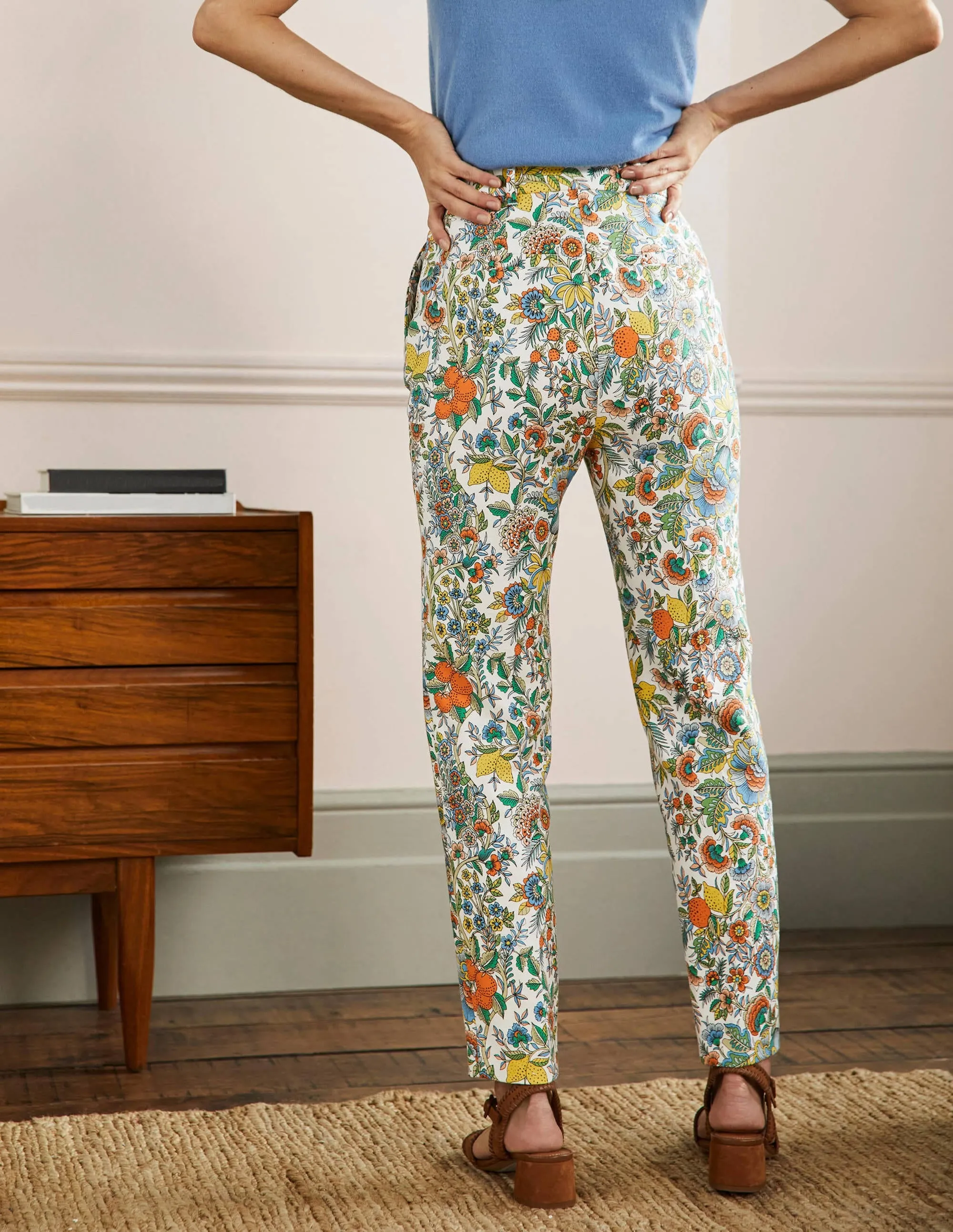 Carrie Printed Trousers-Ivory/Lemon, Tropic Meadow