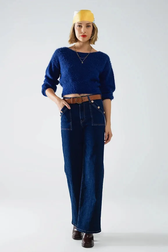Cropped Fluffy Sweater in Navy Blue Fitted At the Waist