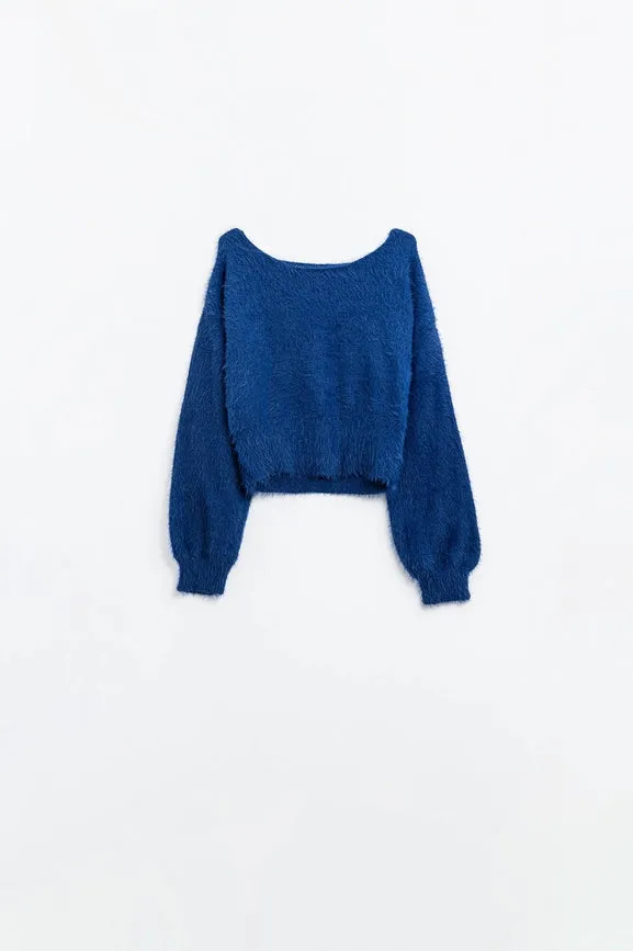 Cropped Fluffy Sweater in Navy Blue Fitted At the Waist