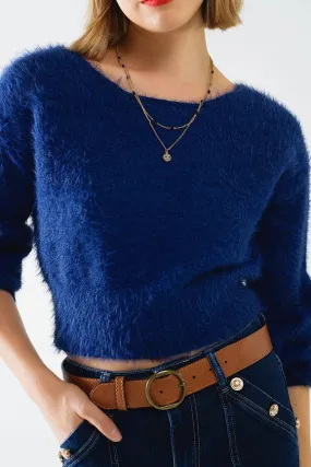 Cropped Fluffy Sweater in Navy Blue Fitted At the Waist