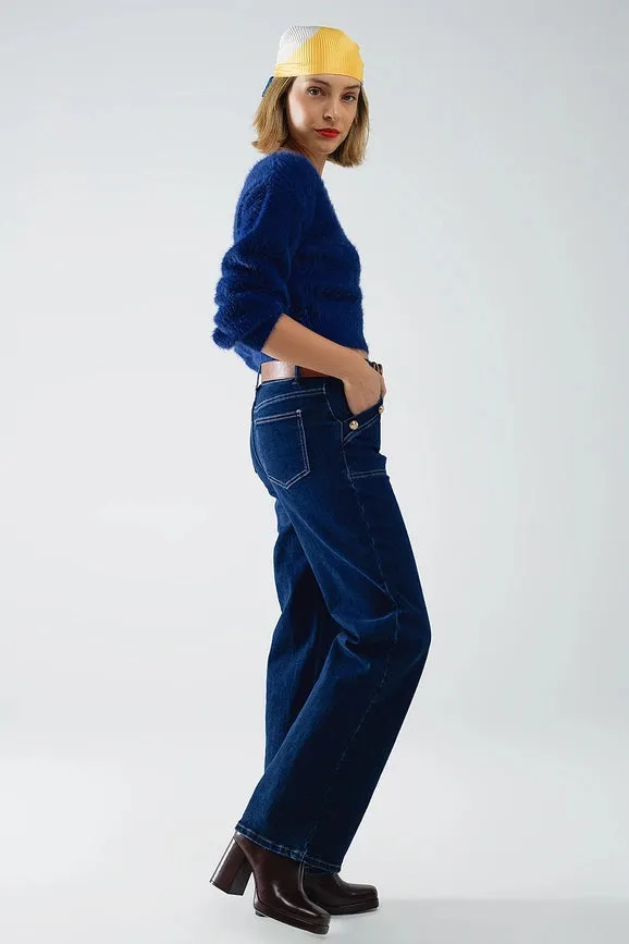 Cropped Fluffy Sweater in Navy Blue Fitted At the Waist