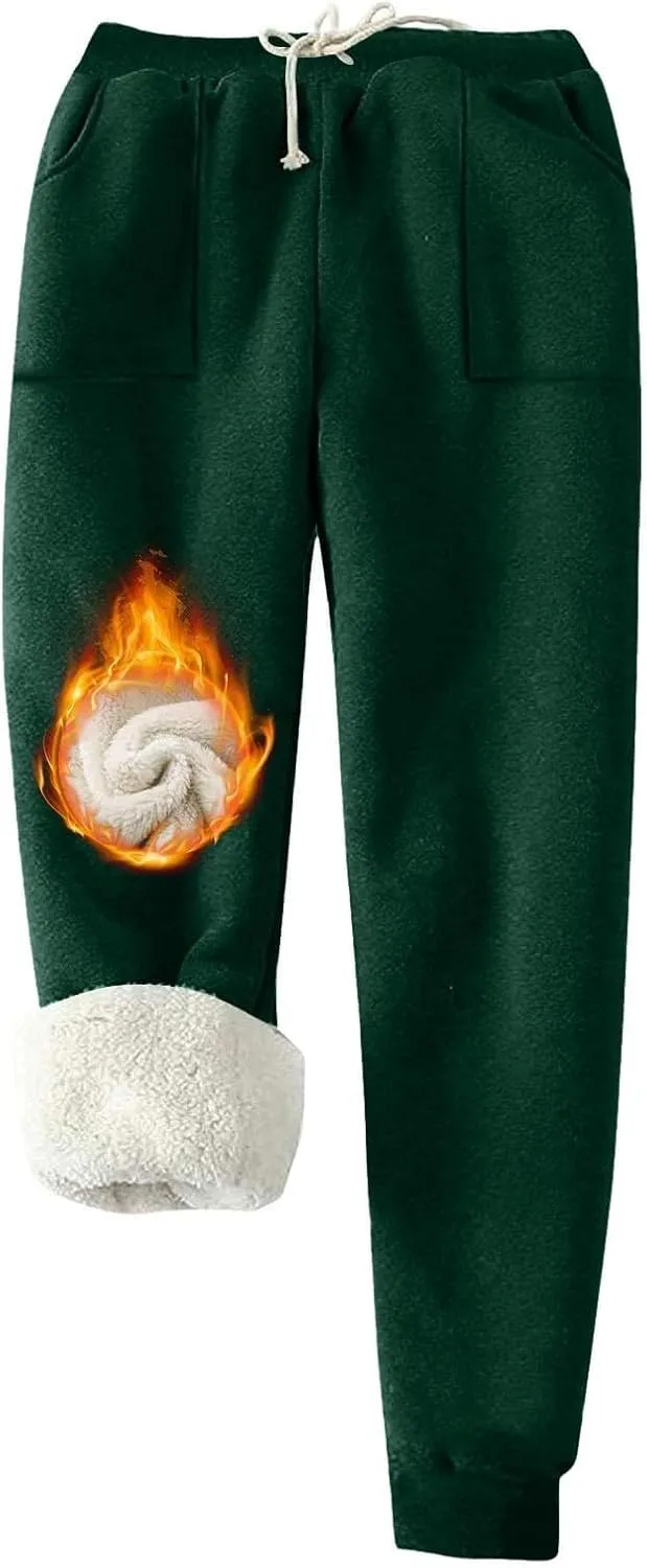 Fleece Lined Leggings Women Sherpa Drawstring Elastic Thermal Leggings Plus Size Trendy Winter Joggers with Pockets