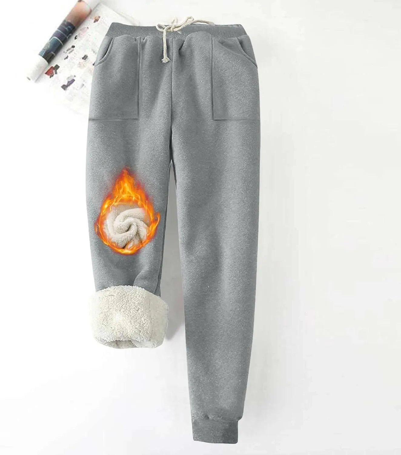 Fleece Lined Leggings Women Sherpa Drawstring Elastic Thermal Leggings Plus Size Trendy Winter Joggers with Pockets