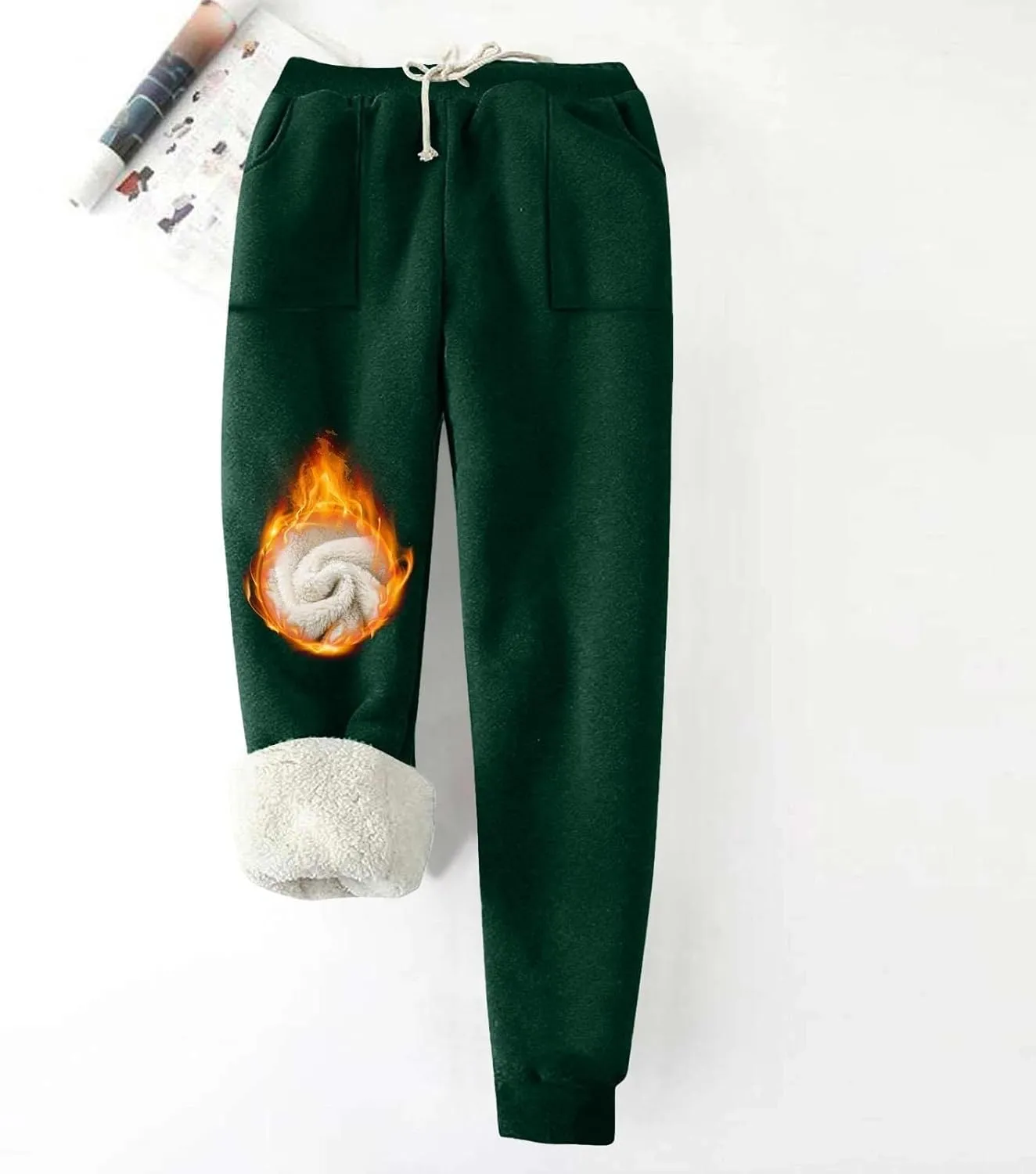Fleece Lined Leggings Women Sherpa Drawstring Elastic Thermal Leggings Plus Size Trendy Winter Joggers with Pockets
