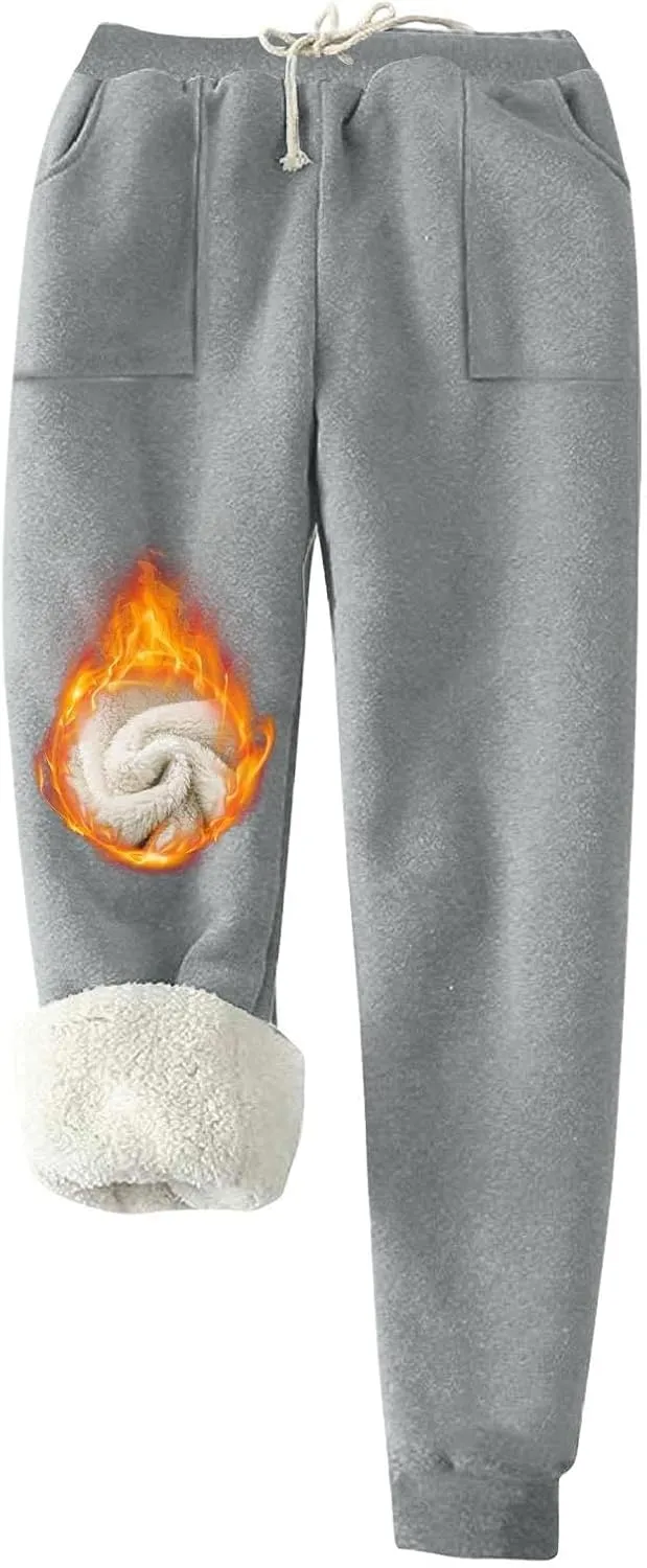 Fleece Lined Leggings Women Sherpa Drawstring Elastic Thermal Leggings Plus Size Trendy Winter Joggers with Pockets