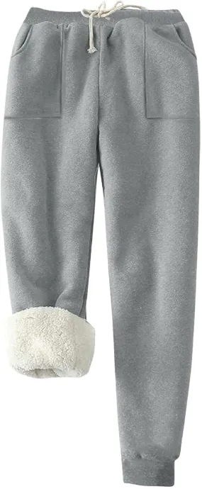 Fleece Lined Leggings Women Sherpa Drawstring Elastic Thermal Leggings Plus Size Trendy Winter Joggers with Pockets