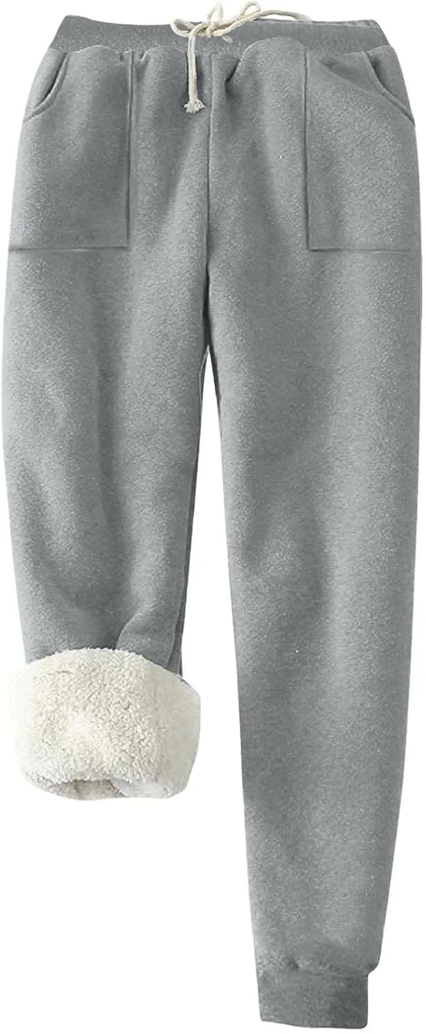 Fleece Lined Leggings Women Sherpa Drawstring Elastic Thermal Leggings Plus Size Trendy Winter Joggers with Pockets