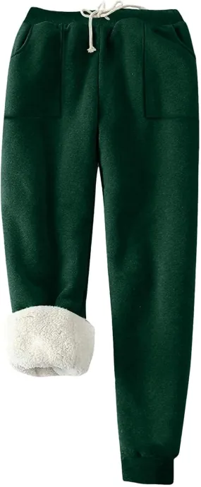 Fleece Lined Leggings Women Sherpa Drawstring Elastic Thermal Leggings Plus Size Trendy Winter Joggers with Pockets