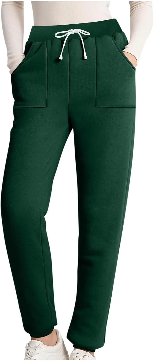 Fleece Lined Leggings Women Sherpa Drawstring Elastic Thermal Leggings Plus Size Trendy Winter Joggers with Pockets