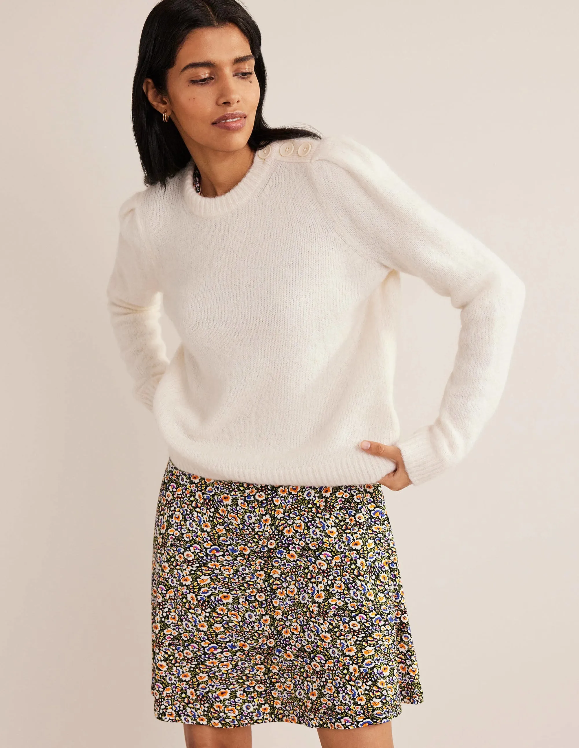 Fluffy Button Shoulder Jumper-Warm Ivory