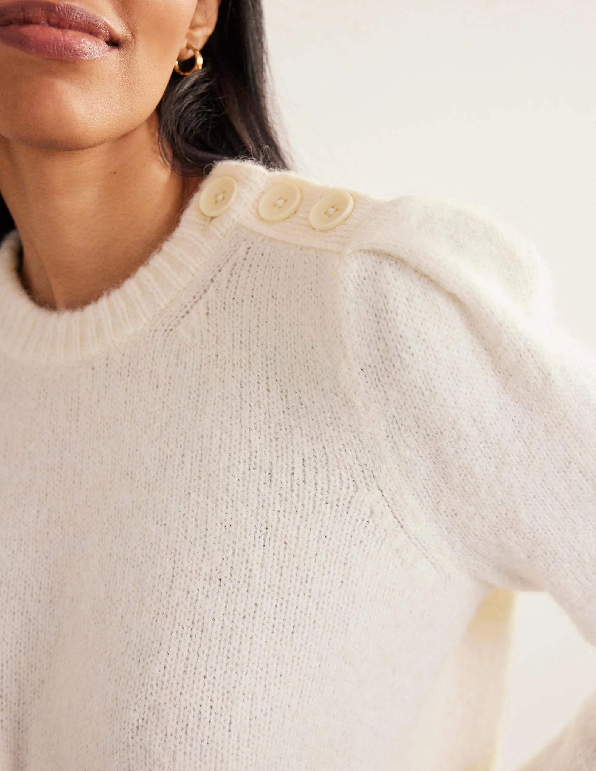 Fluffy Button Shoulder Jumper-Warm Ivory
