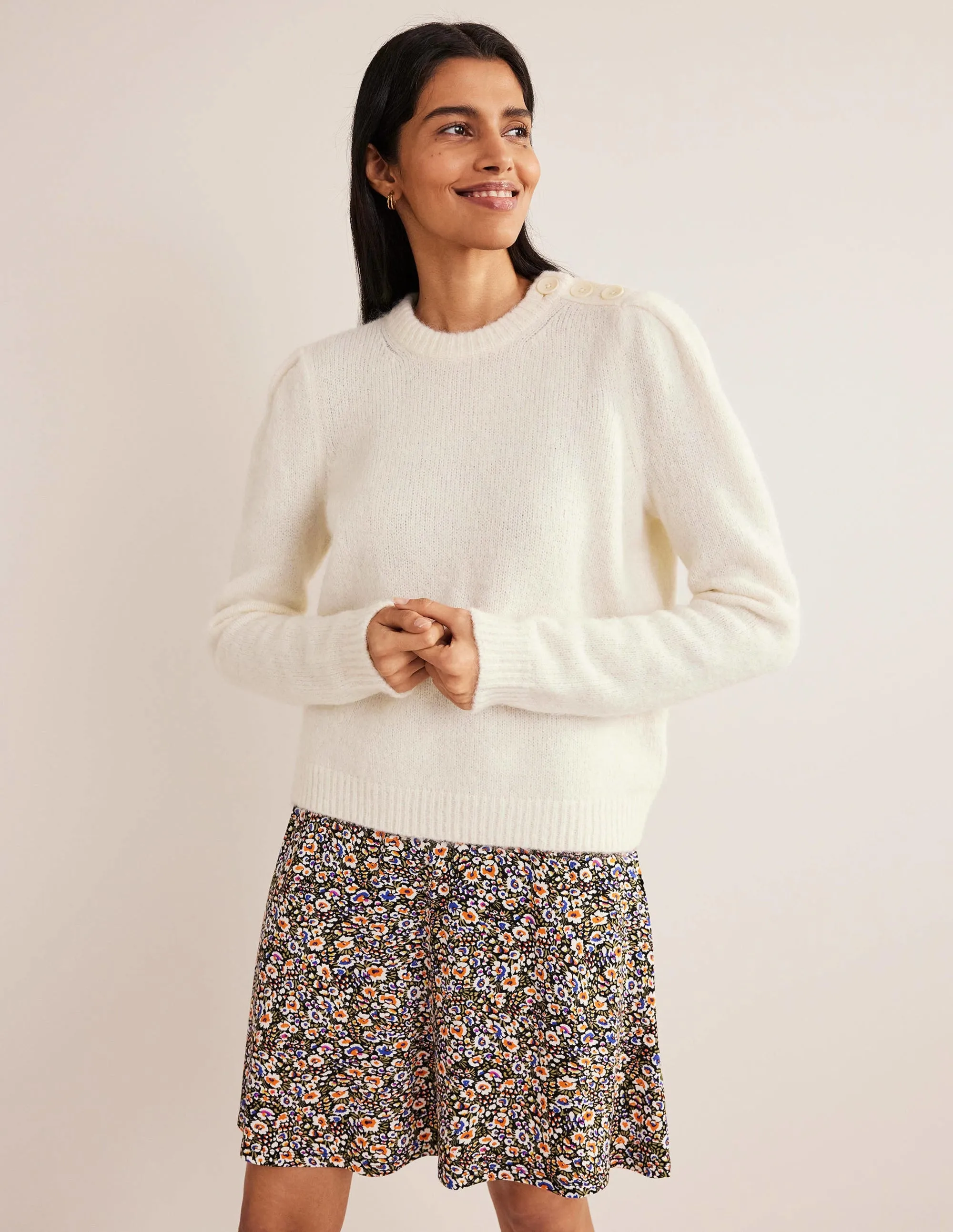 Fluffy Button Shoulder Jumper-Warm Ivory
