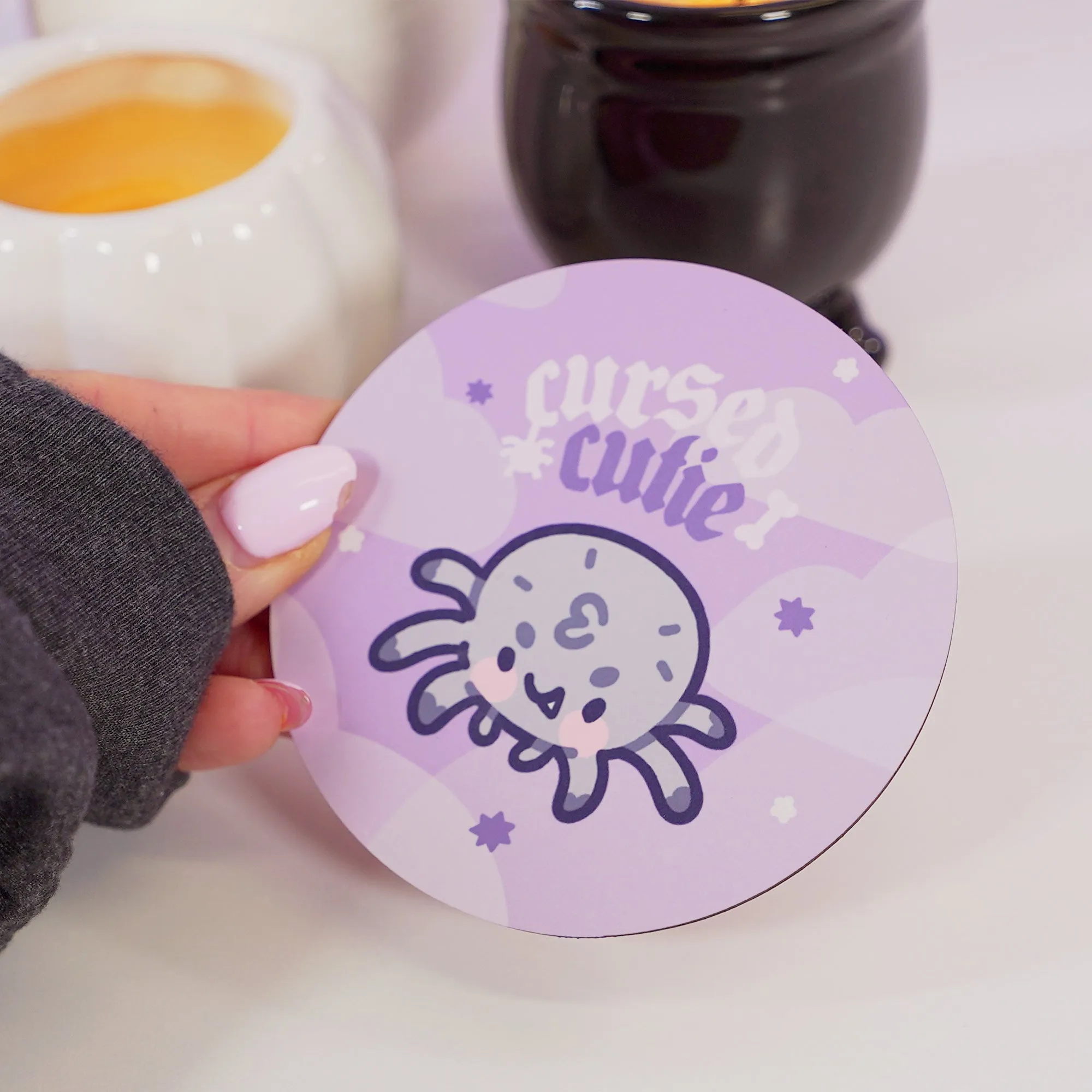 Fluffy the Spider Coaster | Cursed Cutie Quote | Spooky Cute Gothic Halloween Desk Decor