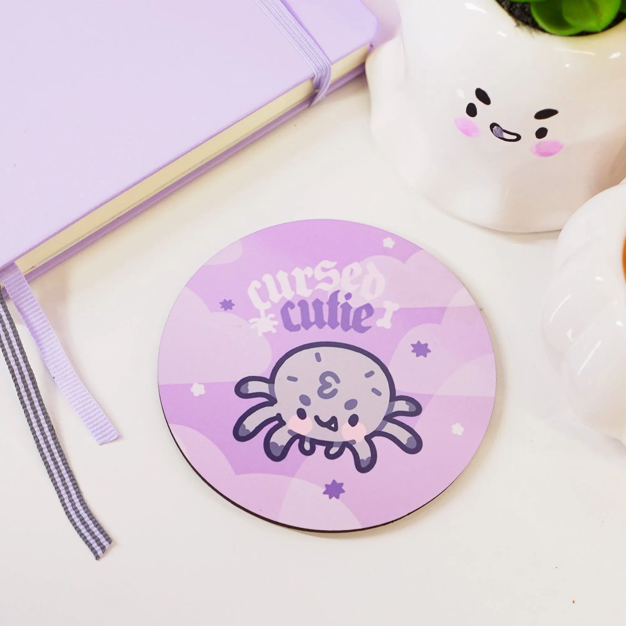 Fluffy the Spider Coaster | Cursed Cutie Quote | Spooky Cute Gothic Halloween Desk Decor