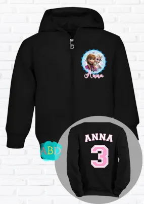 Girls' Personalised Frozen Elsa and Anna Custom Hoodie with Back Print