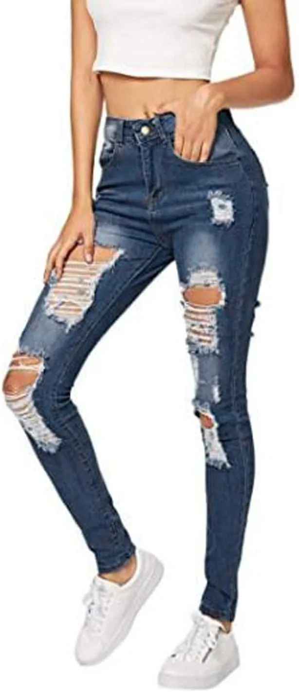 Jeans for Women Retro Low Waist Ripped Ankle Pants Distressed Flap Hem Denim Pants Fashion Stretch Skinny Jeans