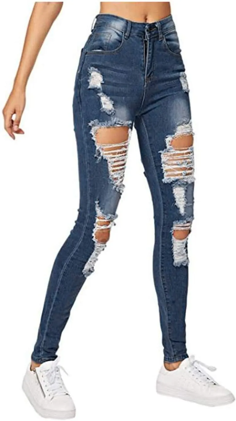 Jeans for Women Retro Low Waist Ripped Ankle Pants Distressed Flap Hem Denim Pants Fashion Stretch Skinny Jeans