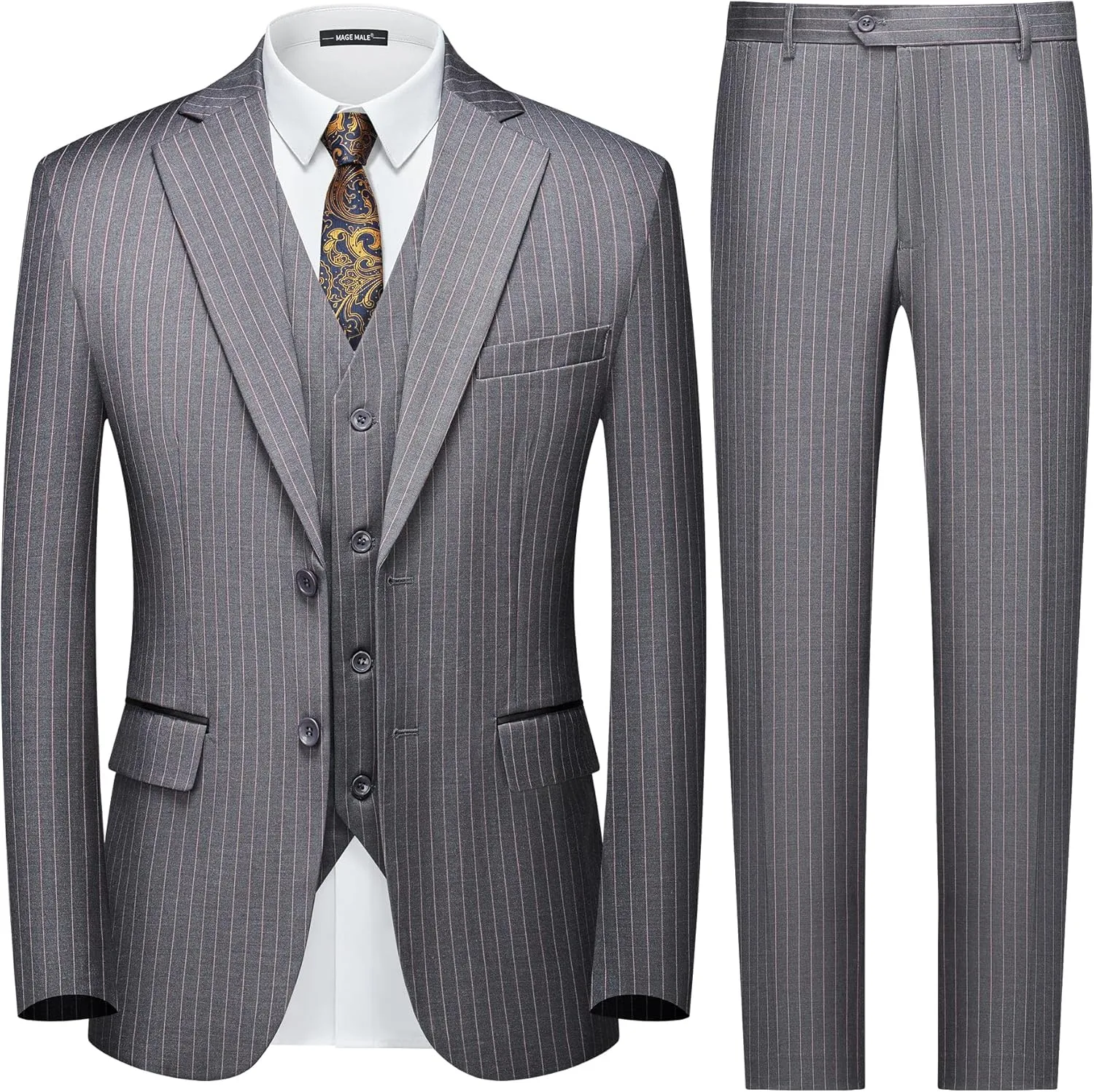 MAGE MALE Men’s Pinstripe 3 Piece Suit Slim Fit Elegant Single Breasted Business Wedding Party Blazer Vest& Pants Set