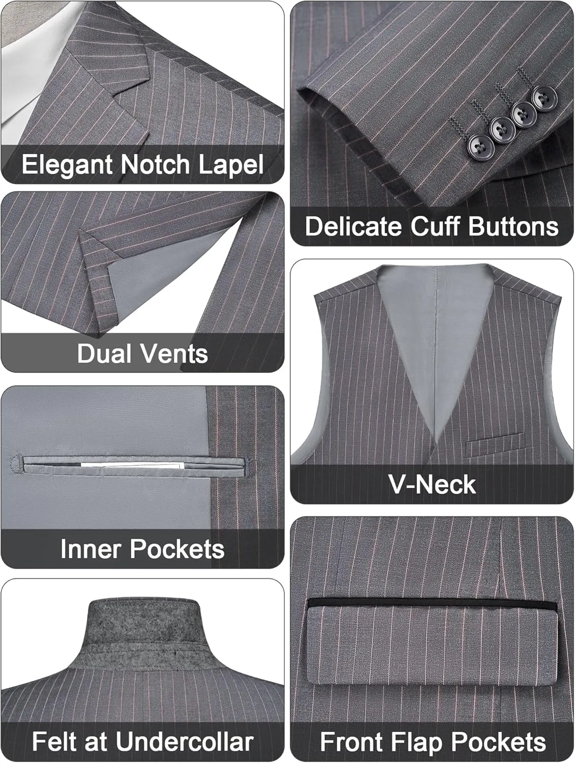 MAGE MALE Men’s Pinstripe 3 Piece Suit Slim Fit Elegant Single Breasted Business Wedding Party Blazer Vest& Pants Set