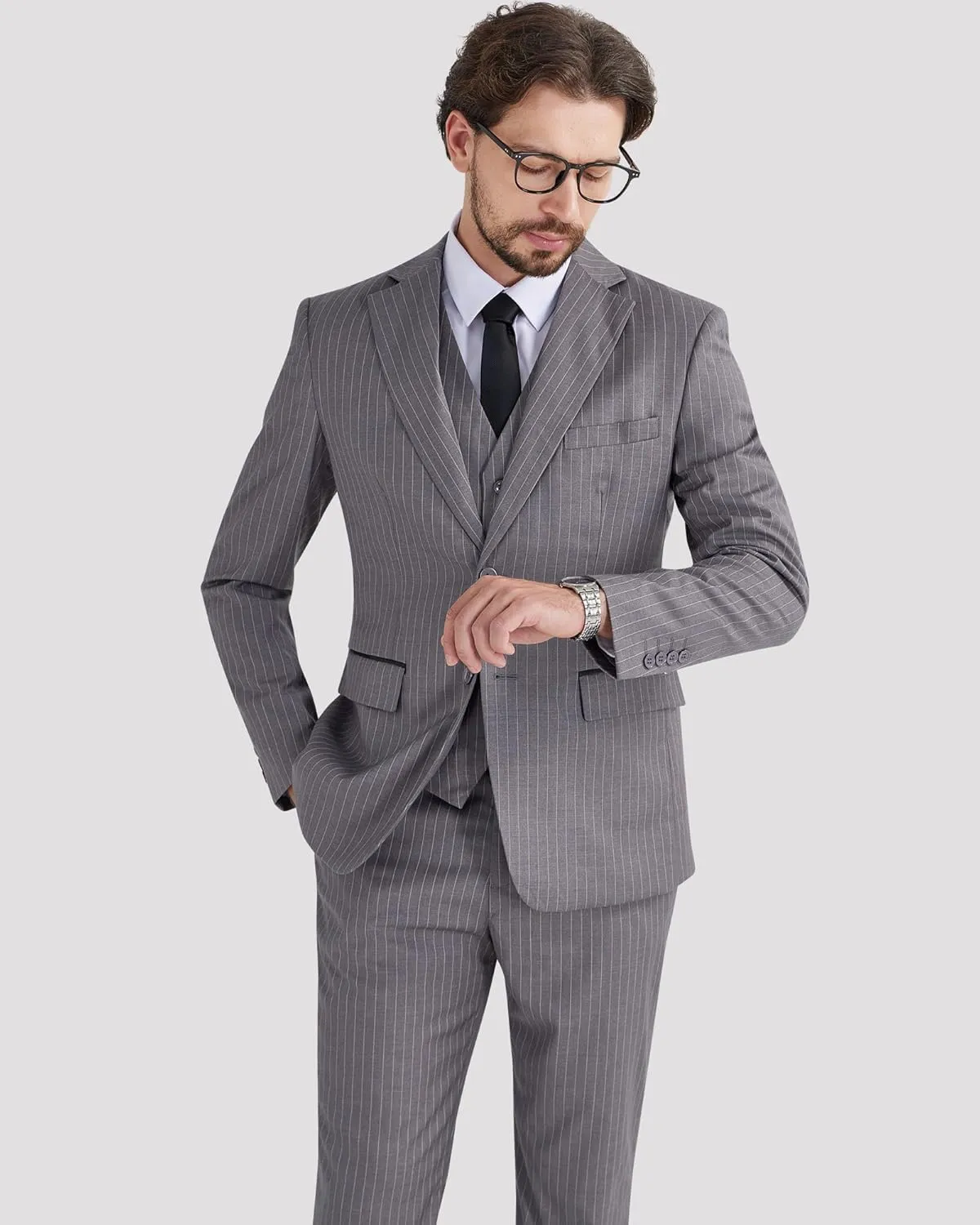 MAGE MALE Men’s Pinstripe 3 Piece Suit Slim Fit Elegant Single Breasted Business Wedding Party Blazer Vest& Pants Set