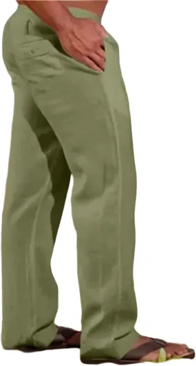 Men's Cotton Linen Pants Solid Color Baggy Trousers Drawstring Stretchy Pants Straight Leg Yoga Trousers for Vacation