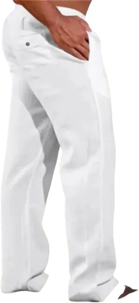 Men's Cotton Linen Pants Solid Color Baggy Trousers Drawstring Stretchy Pants Straight Leg Yoga Trousers for Vacation