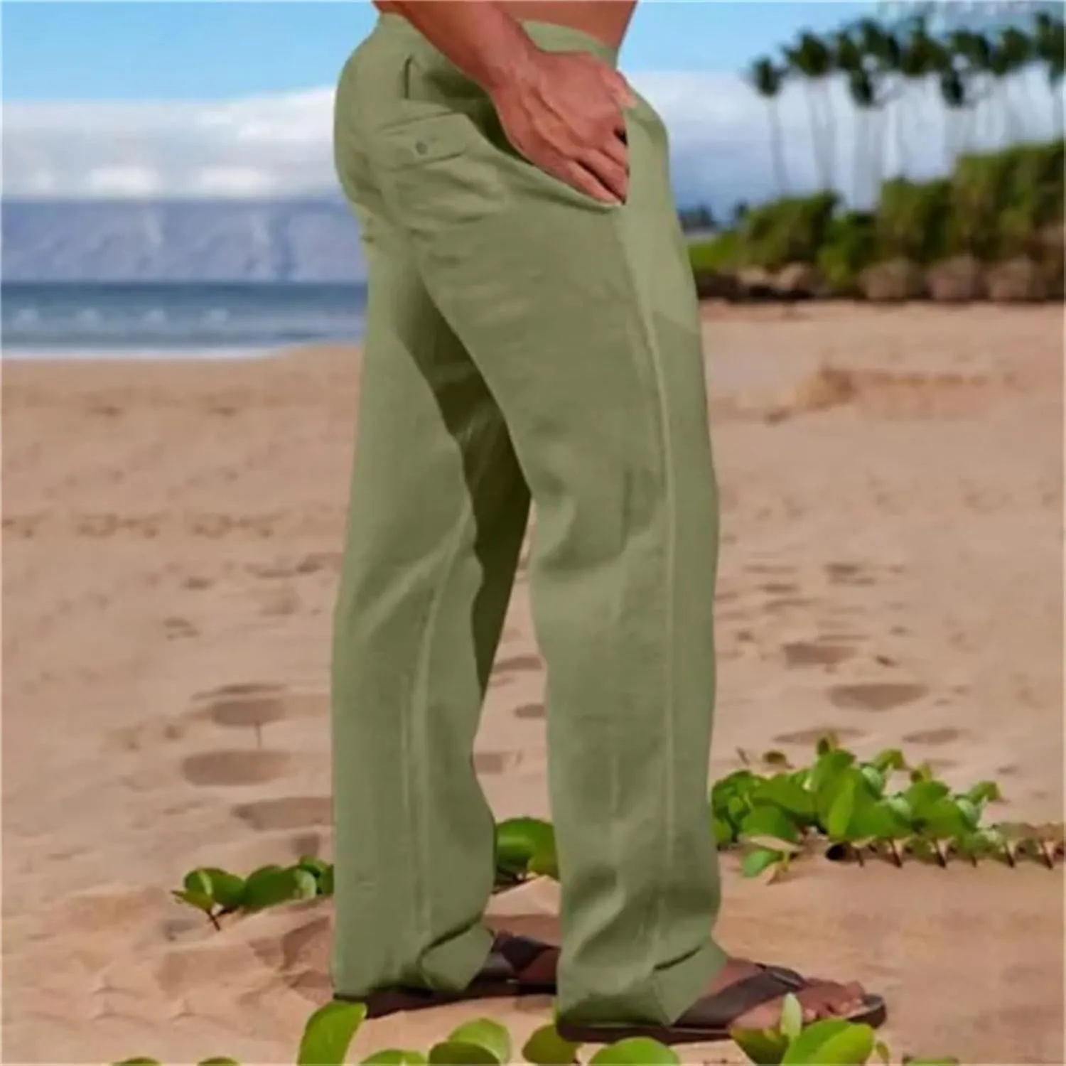 Men's Cotton Linen Pants Solid Color Baggy Trousers Drawstring Stretchy Pants Straight Leg Yoga Trousers for Vacation