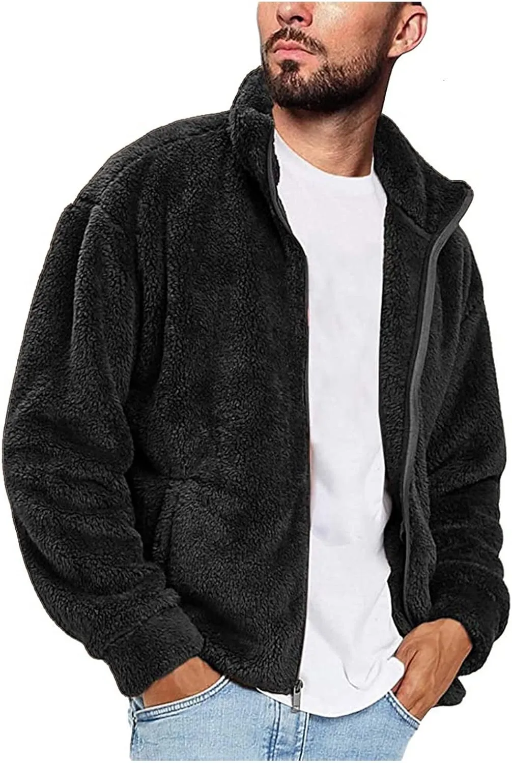Mens Fuzzy Sherpa Pullover Hoodie Sweatshirts Long Sleeve Fluffy Fleece Zip up Cardigan Coats Winter Sweatshirt