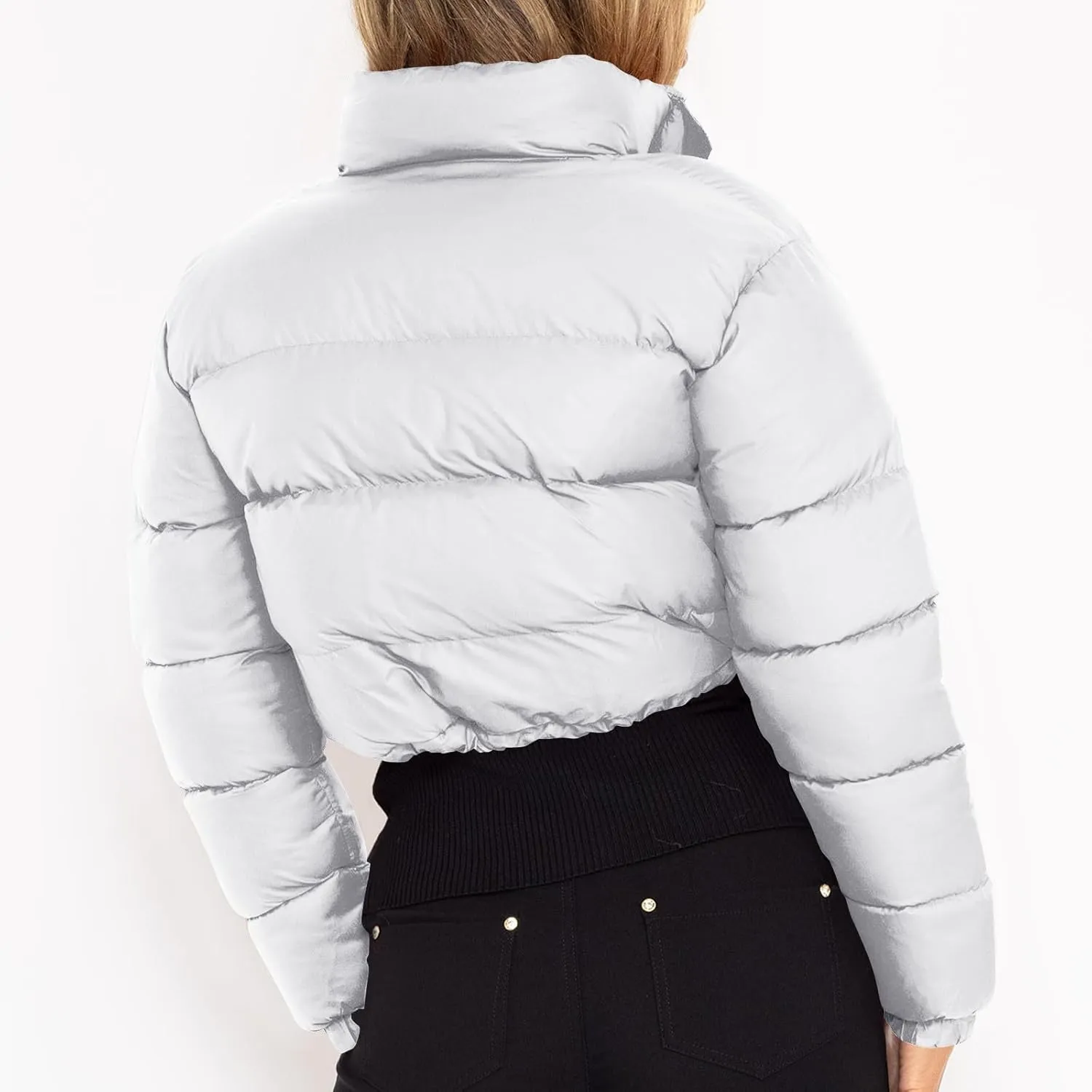 Puffer Coat Women Cropped Puffer Jacket Casual Quilted Baggy Long Sleeve Zip Down Jackets Stand Collar Outerwear