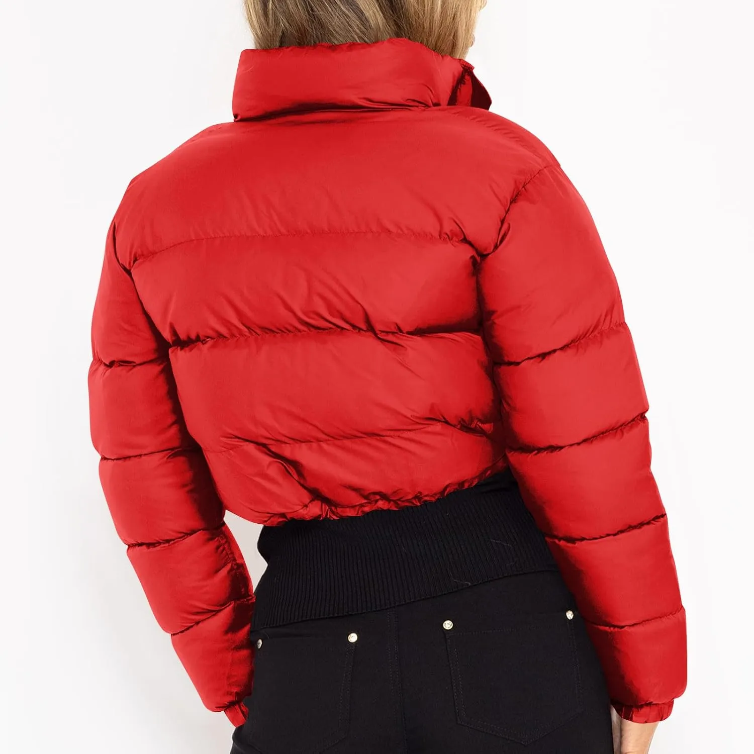 Puffer Coat Women Cropped Puffer Jacket Casual Quilted Baggy Long Sleeve Zip Down Jackets Stand Collar Outerwear