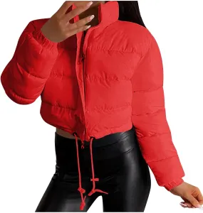 Puffer Coat Women Cropped Puffer Jacket Casual Quilted Baggy Long Sleeve Zip Down Jackets Stand Collar Outerwear