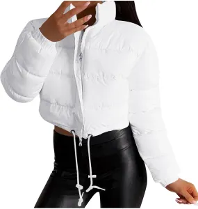 Puffer Coat Women Cropped Puffer Jacket Casual Quilted Baggy Long Sleeve Zip Down Jackets Stand Collar Outerwear